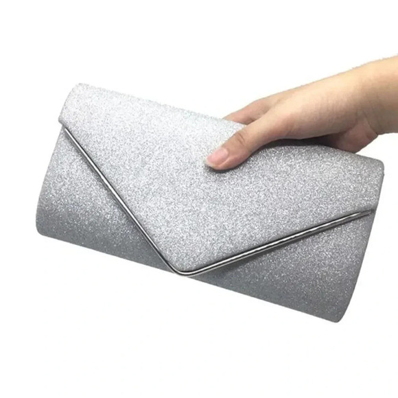 VINTAGE SILVER GLITTER SPARKLE ENVELOPE CLUTCH EVENING BAG - Picture 1 of 6